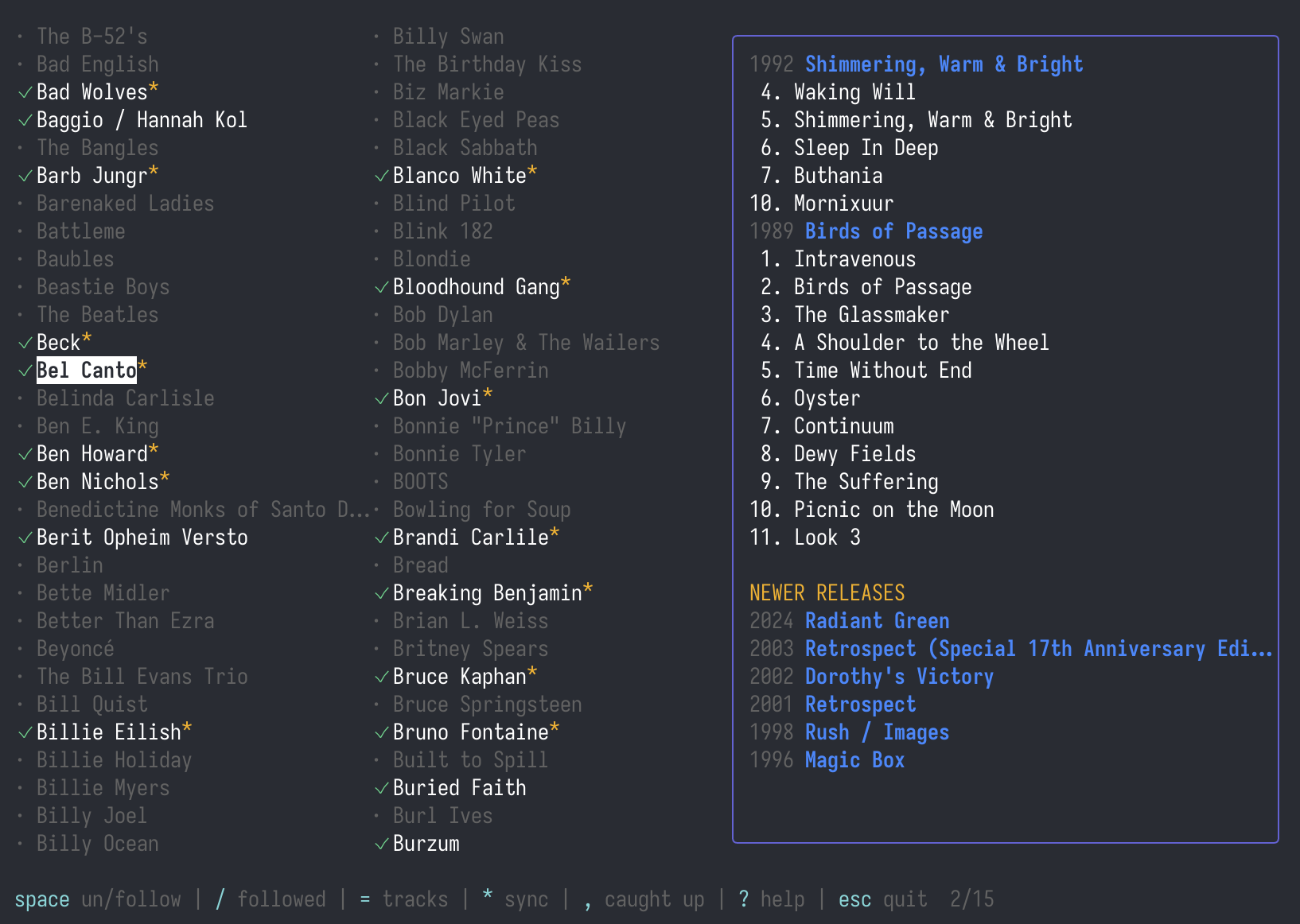 musup terminal interface showing artist list with discography pane